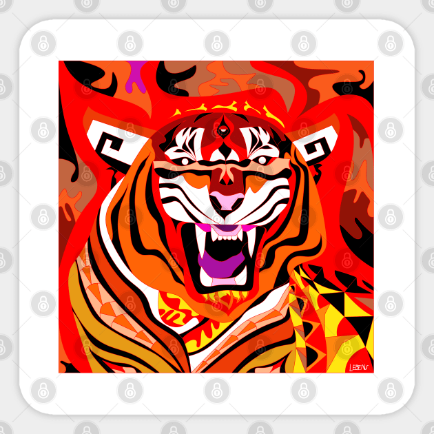 king ecopop tiger in asian zodiac fire pattern art Sticker by jorge_lebeau